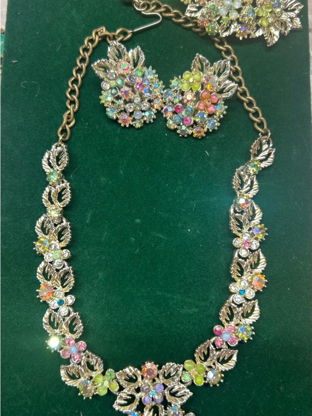 Multicolor Floral Crystal Necklace and Earrings Set marked ART